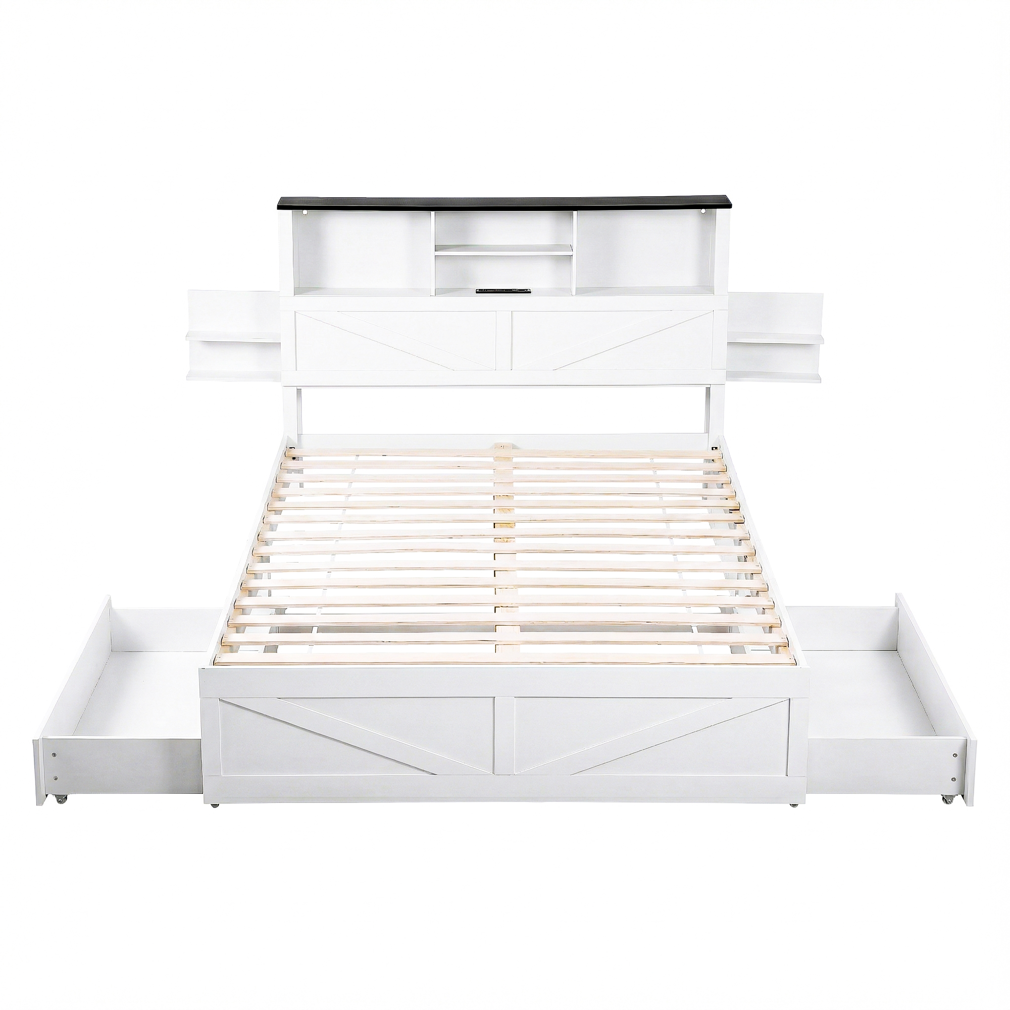 Artiss Double Bed Frame with Storage Drawers White Platform Bedframe with Bookcase Headboard Charging Station Led Light โ image 3