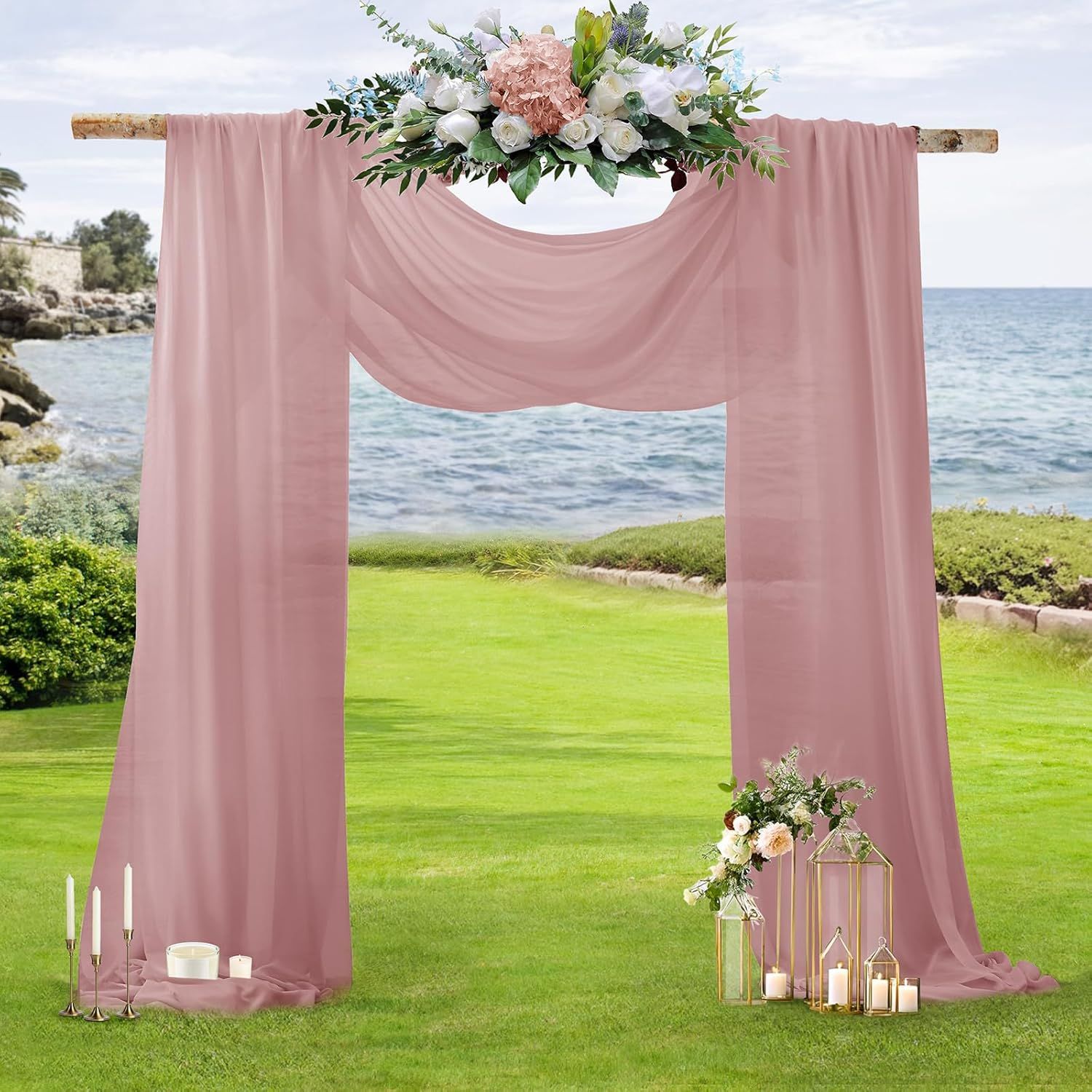 2 Pack Elegant Chiffon Wedding Arch Draping Fabric Panels for Outdoor Ceremony Backdrop and Party Decoration (Dusty Rose) — image 2