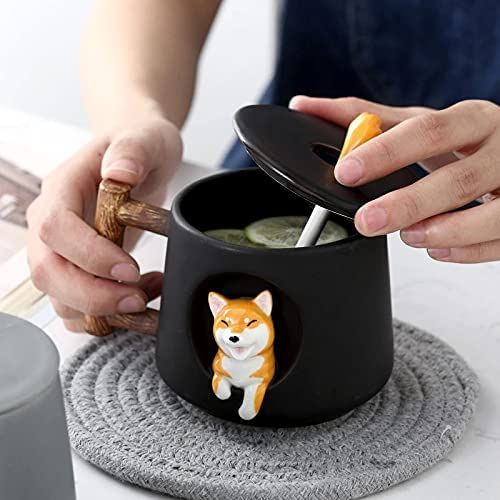 Cute Dog Couple Cup, Ceramic Coffee Mug with a Lid, Cute Paws on the Top of the Spoon, with Matte Texture, (420ML Black Head) — image 4