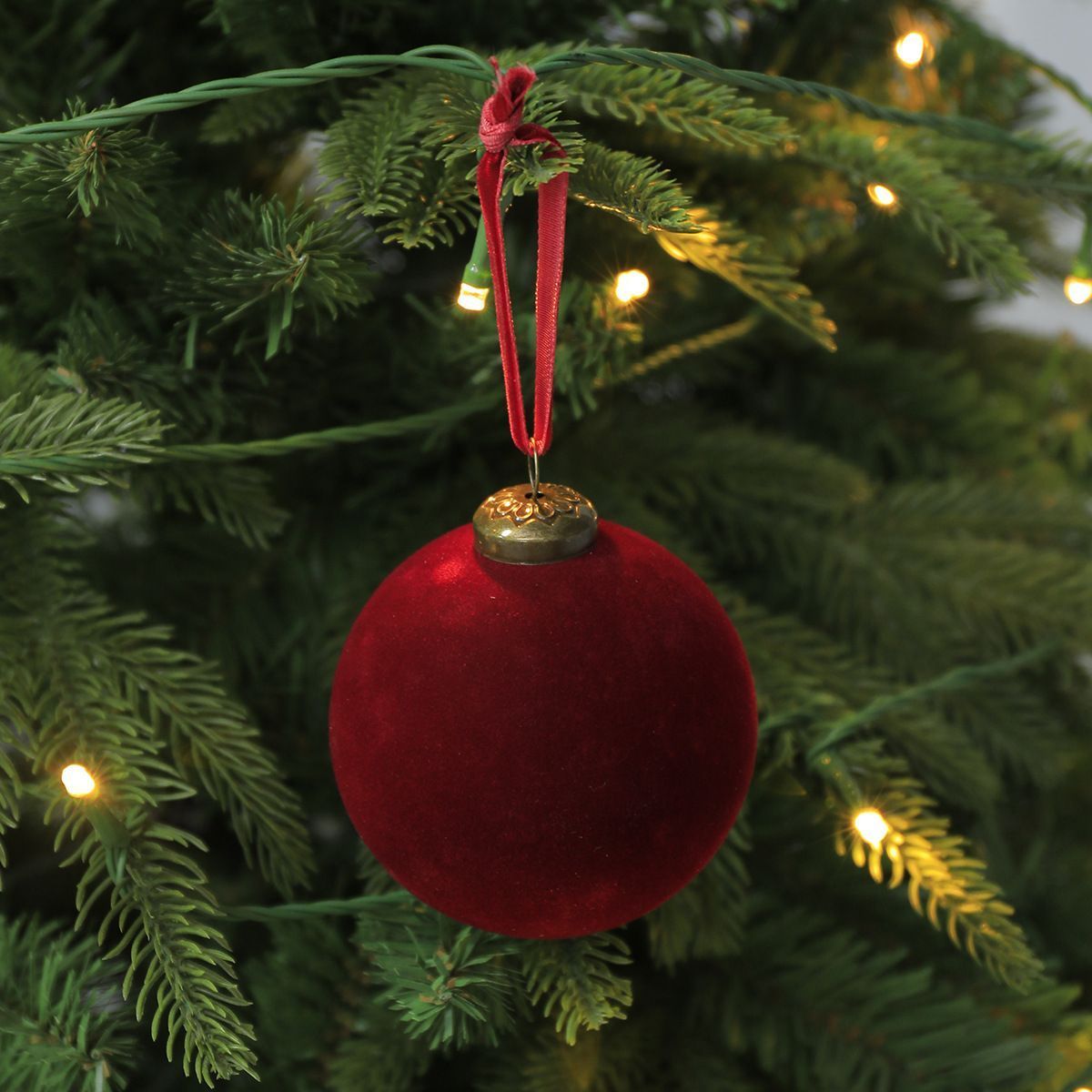 24pk Flocked Xmas Baubles Metal Cap, Dark Green 8cm — image 3