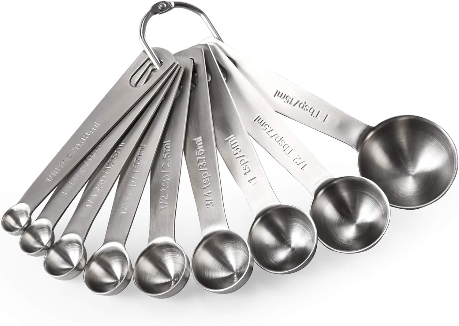 Measuring Spoons: 18/8 Stainless Steel Measuring Spoons Set of 9 Piece: 1/16 TSP, 1/8 TSP, 1/4 TSP, 1/3 TSP, 1/2 TSP, 3/4 TSP, 1 TSP, 1/2 tbsp & 1 tbsp Dry and