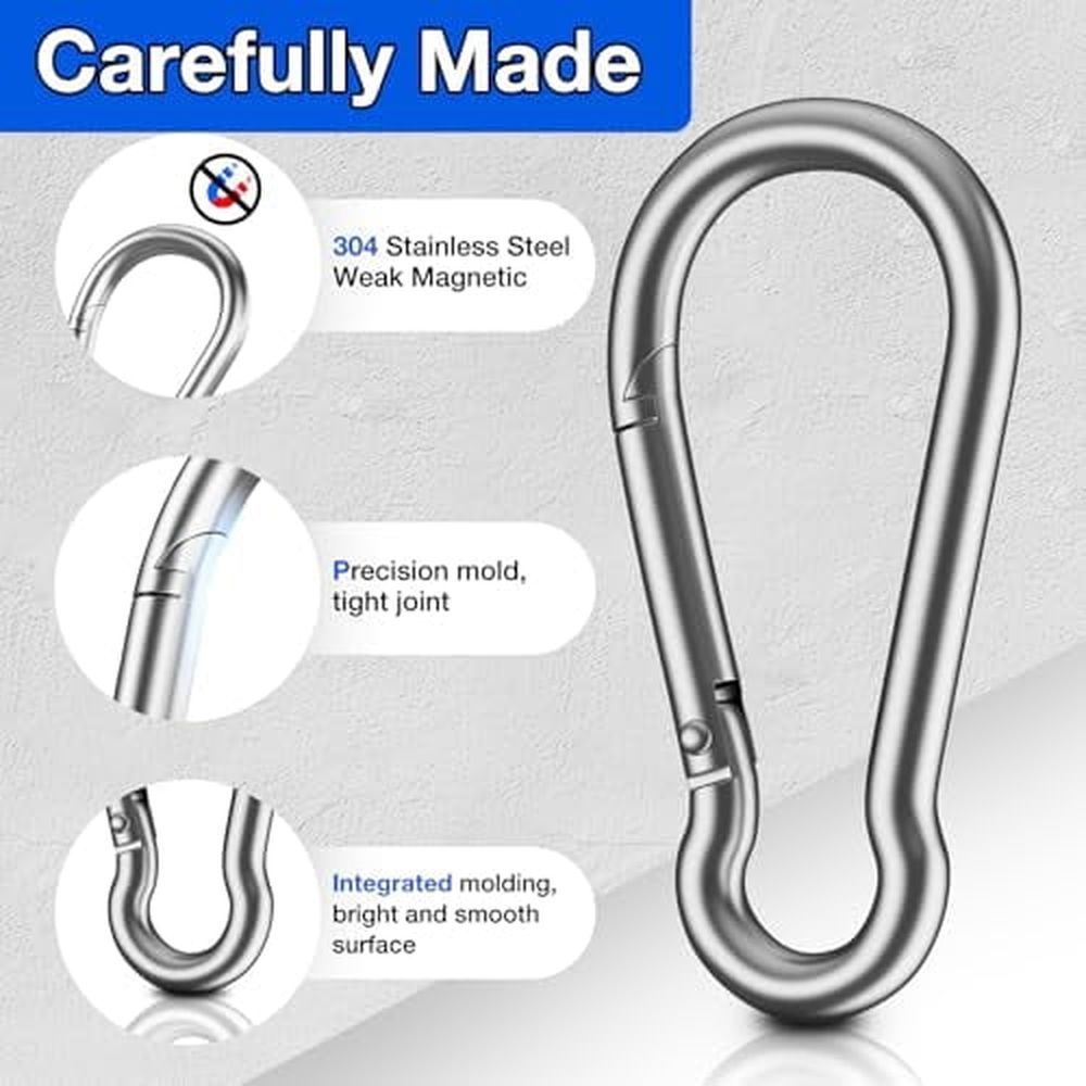 8 PCS Heavy Duty Carabiner Clips,【NO Rust】 1360lbs 304 Stainless Steel Carabiners,2.36 inch D-Ring Snap Hook Keychain Spring Clips for Gym,Pet leashes,Camping,Car,Farm