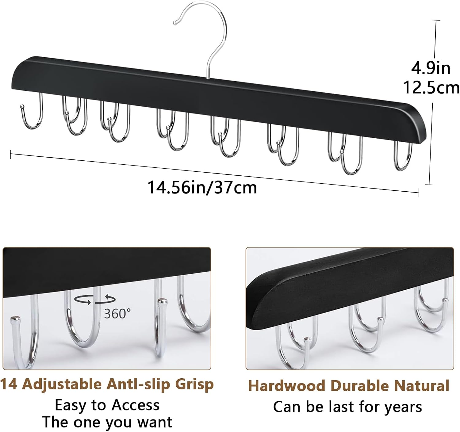 Belt Hanger Bra Hanger Tie Rack, Belt Organizer for Closet Accessories with 14 Hooks, Sturdy Wood for Closet Organizers and Storage — image 2