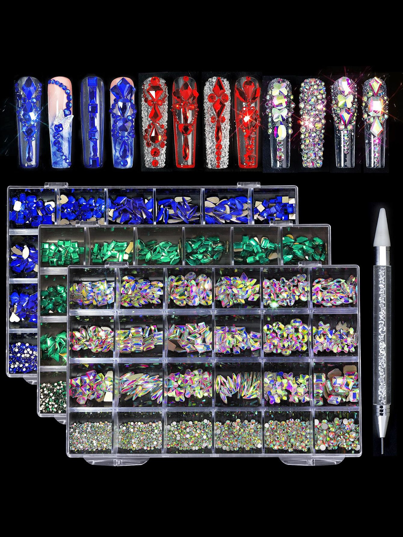 Light Pink Nail Rhinestones, 5380Pcs Flatback Glass Charms Gems Stones, 24 Grids 19 Types of Shaped Nail Art Rhinestones Kit with Tweezers, 6 Sizes — image 5