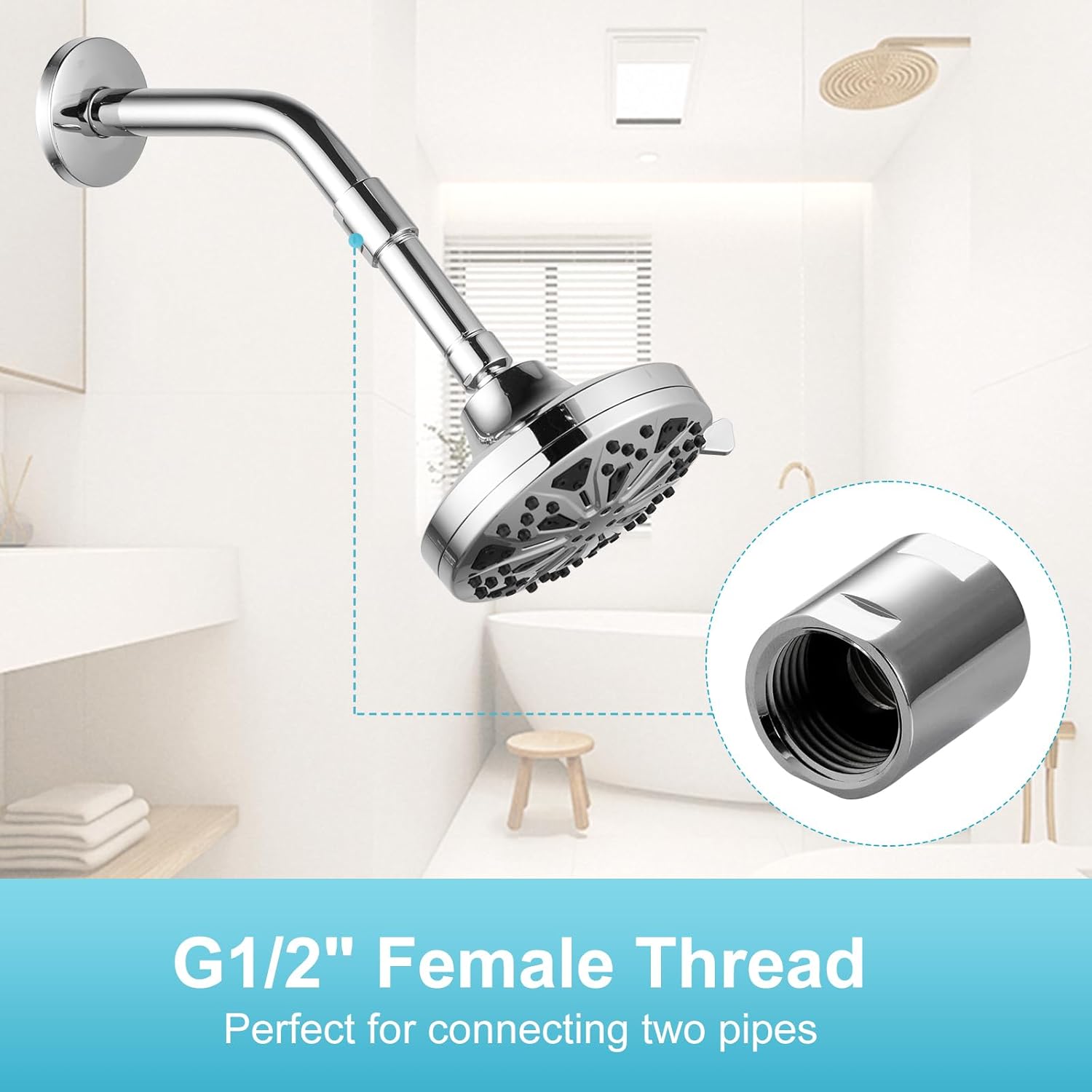 Shower Pipe Fitting, Brass Converter Adapter, G1/2 x G1/2 in Female Thread Shower Coupling for Shower Arm Home Bathroom Plumbing, Chrome — image 5