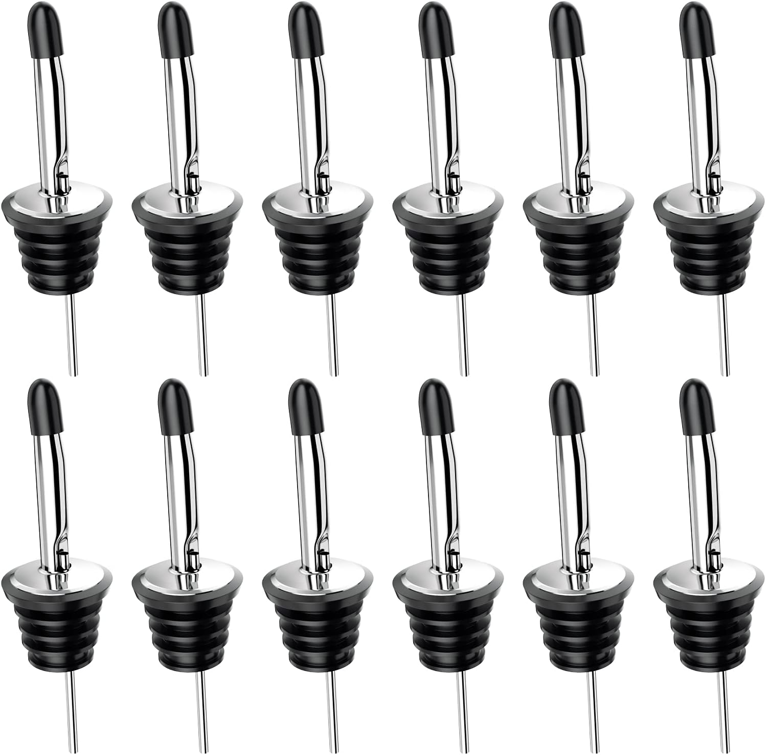 Wine bottle pourer - 12-pack stainless steel - quick bottle dispenser with conical spout and rubber dust cap for wine and spirits bottles