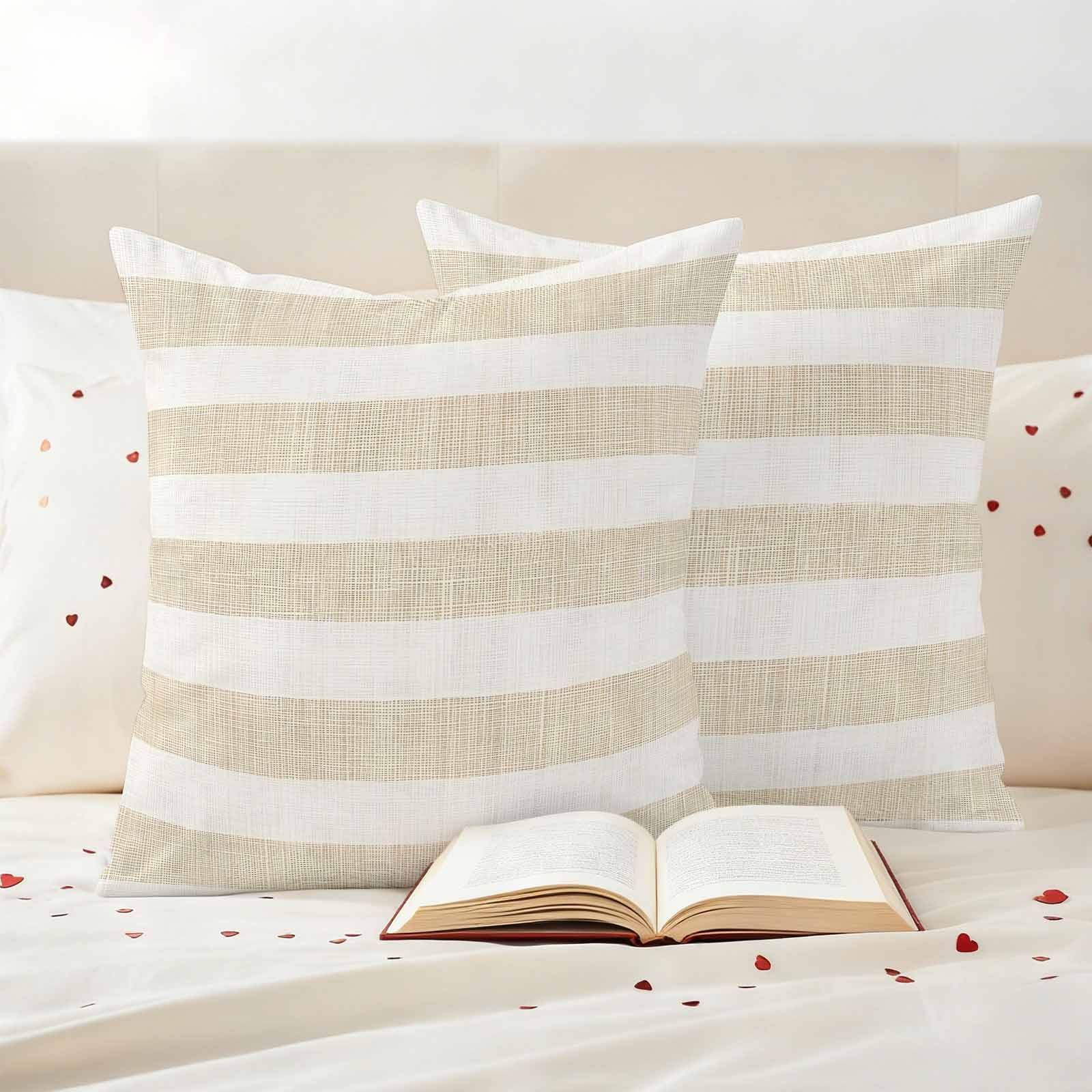 Vintage Linen Outdoor Pillow Covers 24"x24" Set of 2, Striped Theme Farmhouse Waterproof Throw Pillow Covers for Patio Furniture, Beige โ image 3