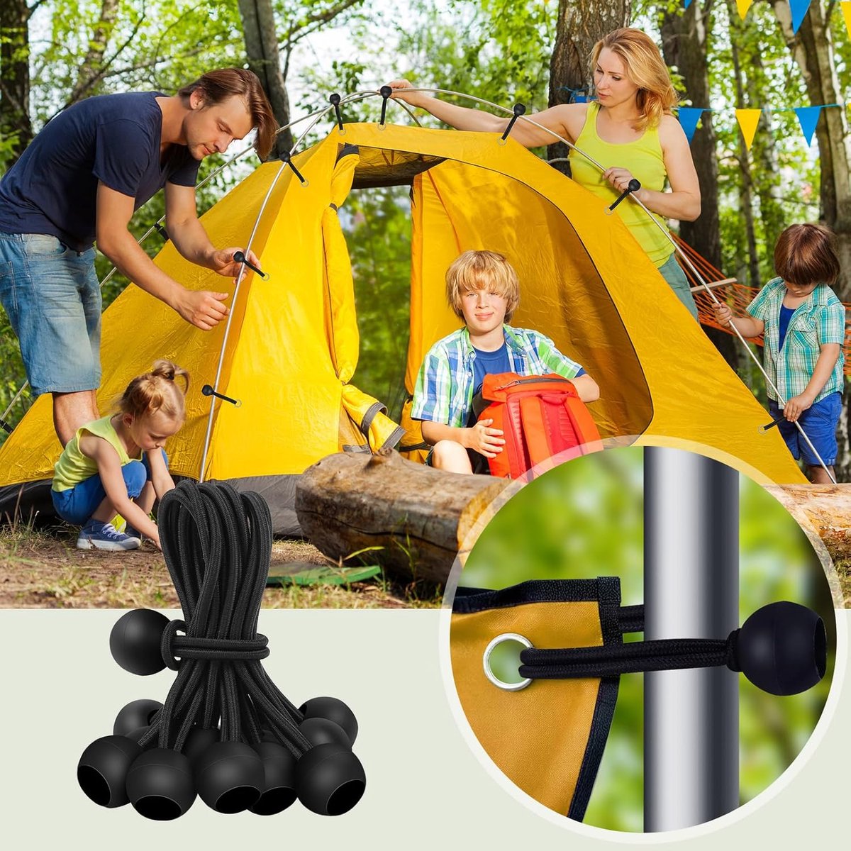 30 elastic cords, 10 cm long - with ball joints - black - sturdy rubber tensioners - for securing tarpaulins, camping tents, luggage cables, and awnings — image 2