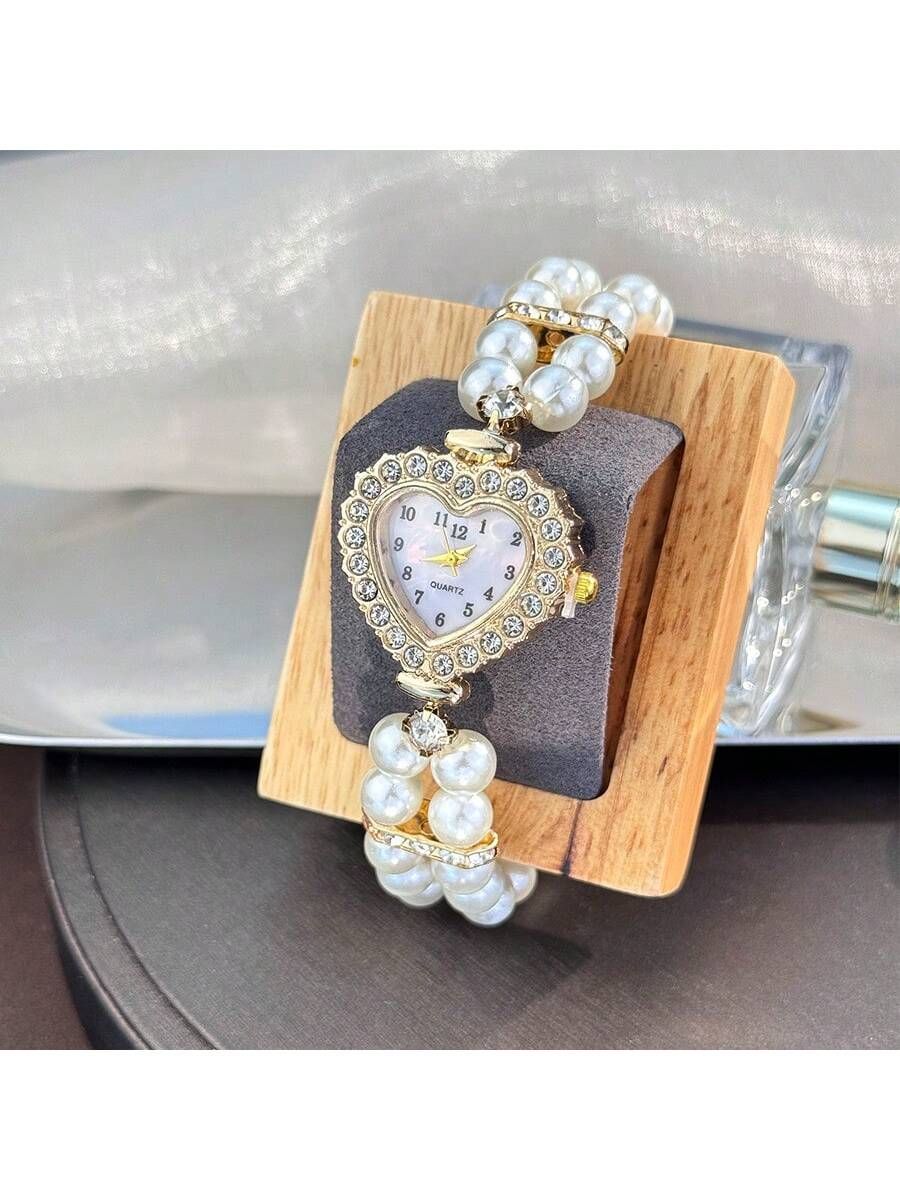 1pc Women s Alloy Bracelet Watch Fashionable Heart Shaped Case Arabic Numeral Dial Elastic Pearl Strap Daily Decoration Ideal Valentine s Day Gift — image 2