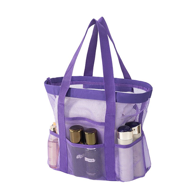 Purple small size Large Capacity Mesh Beach Tote Bag - Breathable PET with Multi-Pocket Storage, Quick-Dry Design for Travel, Gym, and Poolside Use