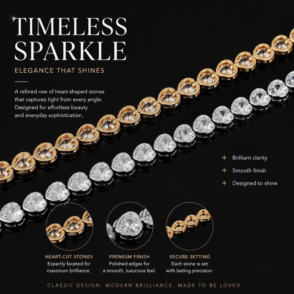 4*4mm Heart Setting Tennis Chain Bracelet, Copper Cubic Zirconia Hip Hop Couple Accessory, Nice Festival Present, 9 Inch 23cm Silver Tone — image 2