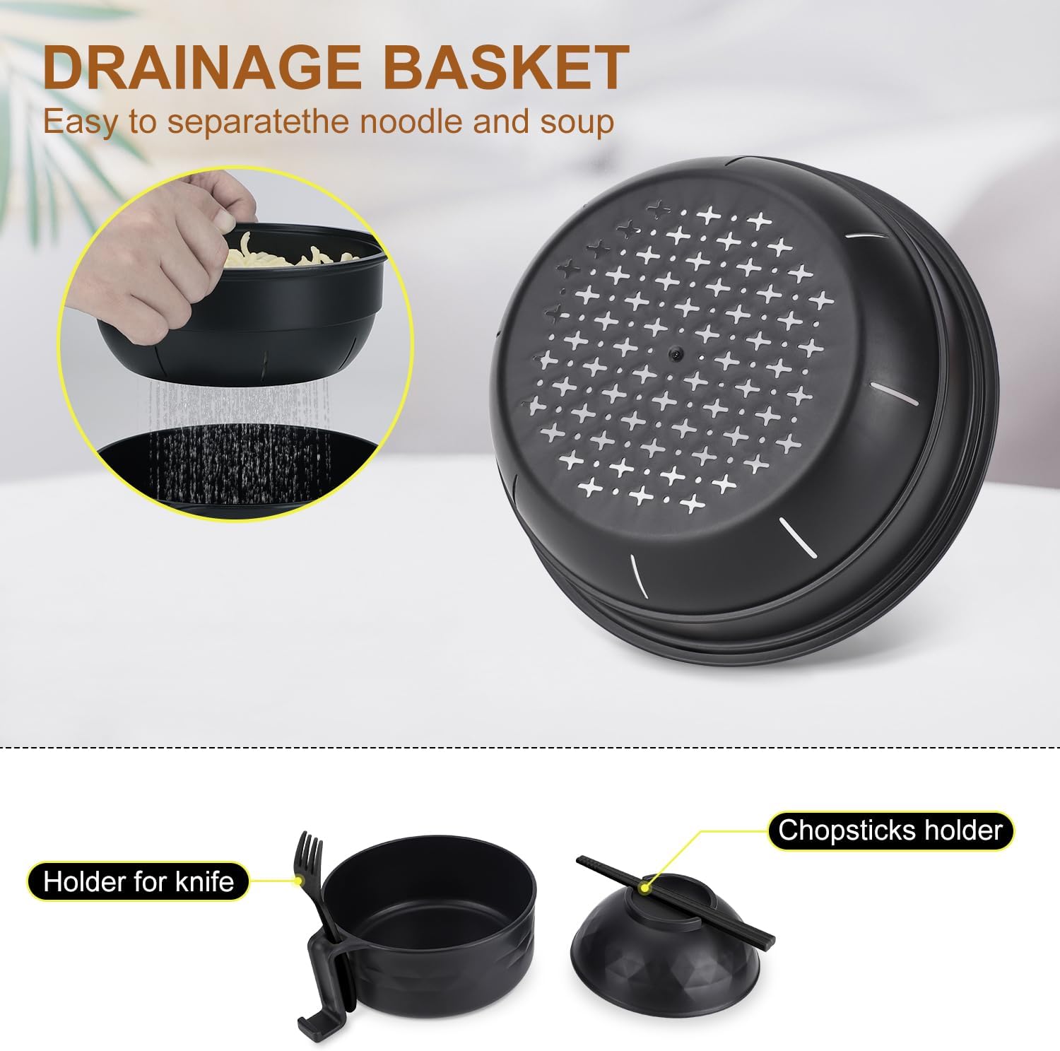 Ramen Bowl Set, Ramen Cooker 33 oz, Ramen Bowls with Chopsticks and Spoon, Microwave Pasta Cooker, College Dorm Essentials for Girls Guys (Black) — image 4