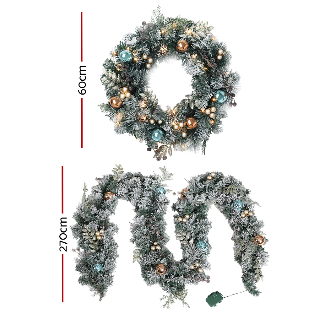 Jingle Jollys 2.7m Christmas Garland with Wreath Set LED Lights Snowy Xmas Decor β image 2