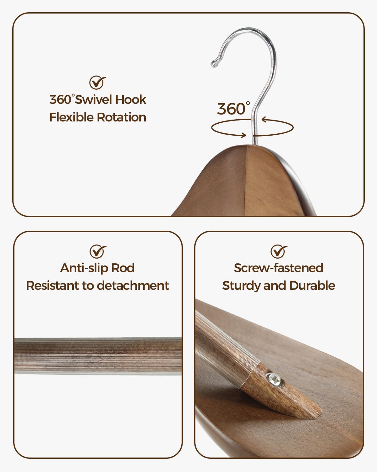 Premium Wooden Hangers 6-Pack – Wide Shoulder Non-Slip Design for Coats, Jackets & Suits | 360° Rotating Closet Organizers | Durable & Space-Saving (Vintage — image 3