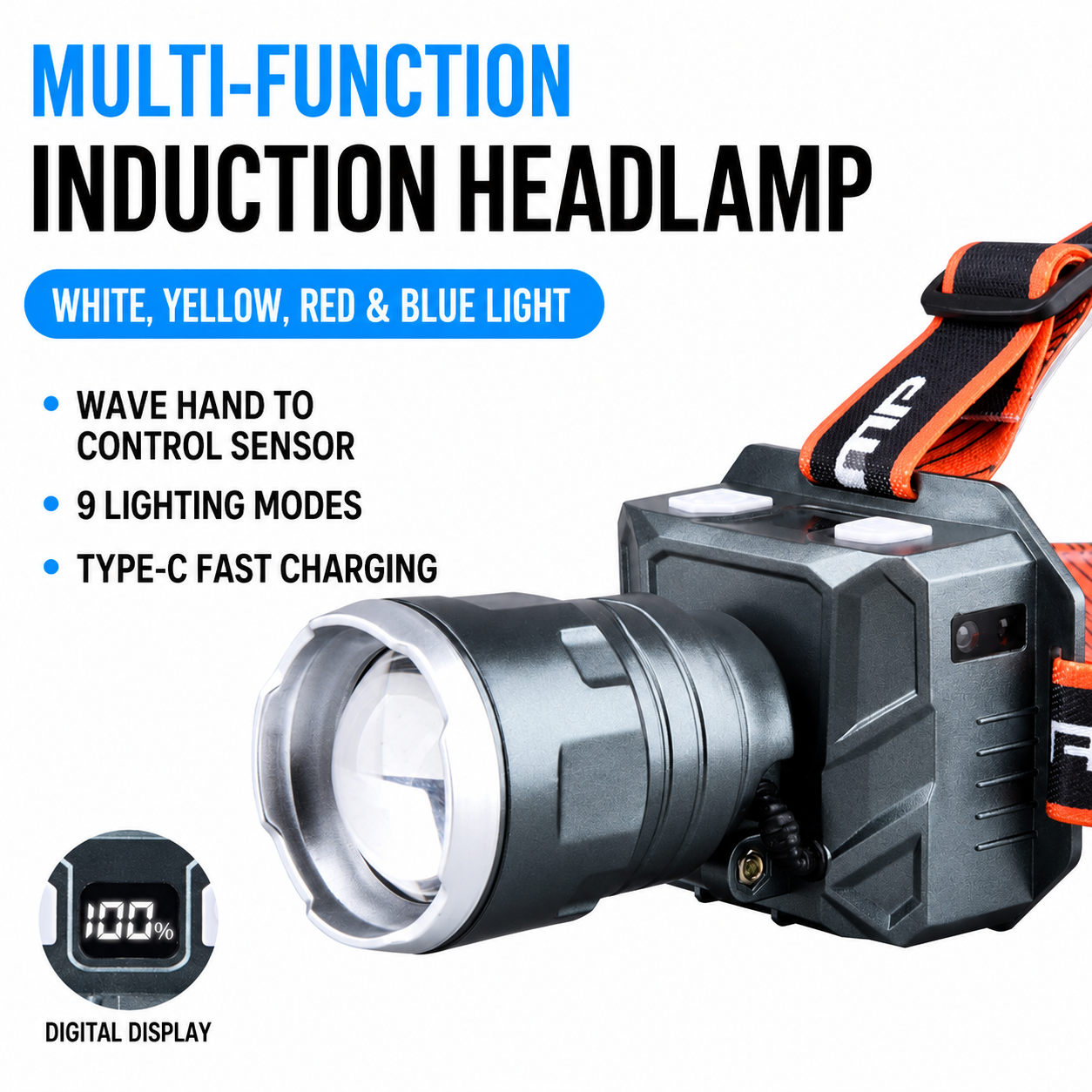 Multifunctional Outdoor LED Headlamp with Motion Sensor and Telescopic Zoom Focus - 4 Colors Light and 9 Modes, 110° Angle Adjustment, Digital Power