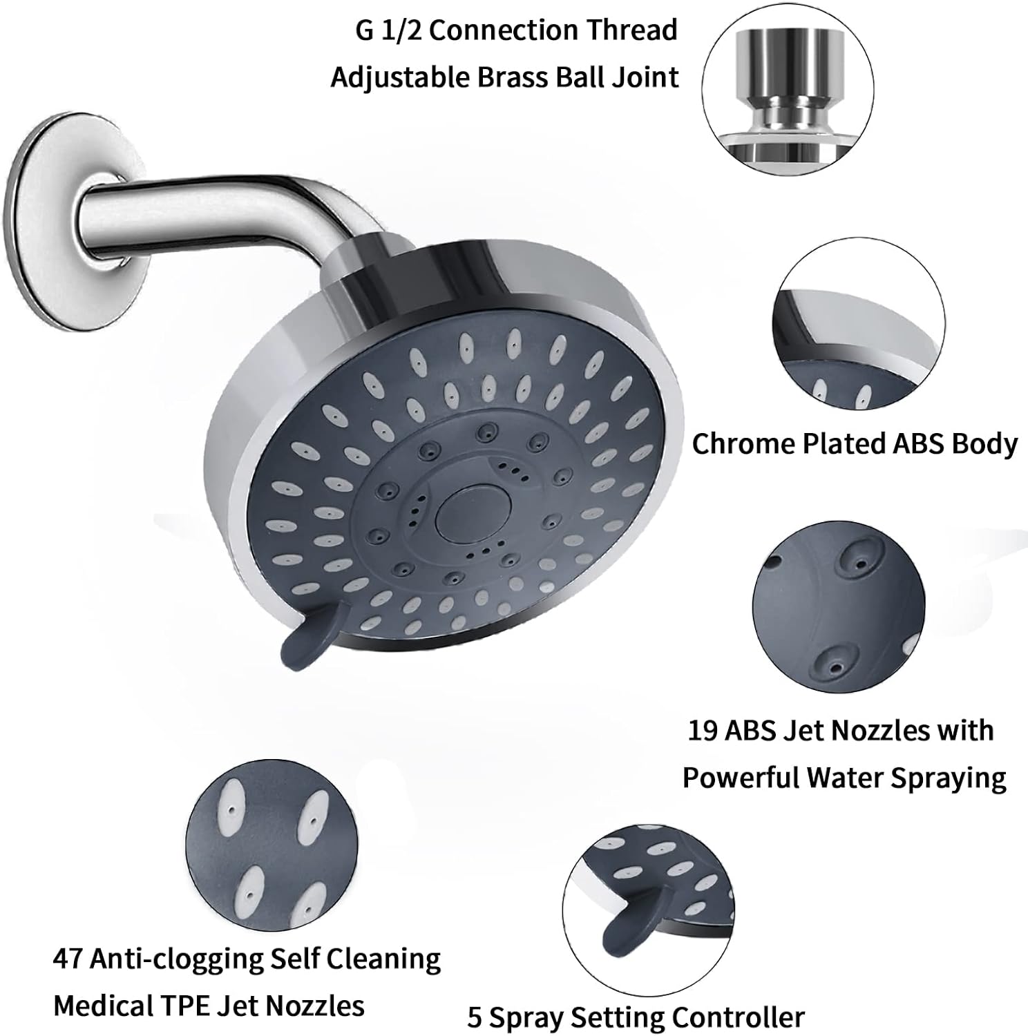 Shower Head, High Pressure Shower Heads 4.1 Inch 5 Settings Rain High Flow Fixed Showerhead for Luxury Shower Experience Even at Low Water Pressure, Chrome — image 4