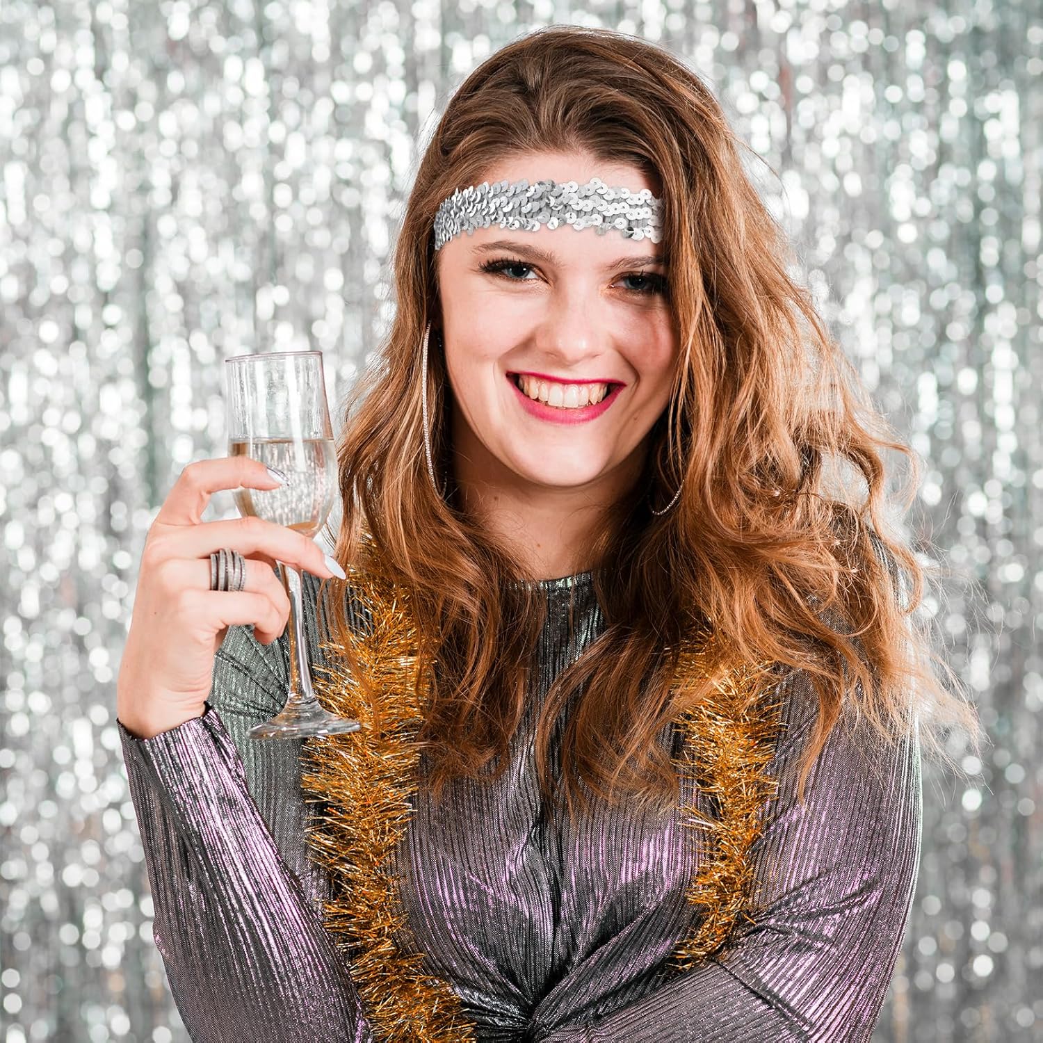 Silver Sequin Headband, 12 PCS 80s 90s Vintage Elastic Sparkle Dance Stretch Head Band Disco Hair Band Stylish Glitter Headpiece Shimmering Party Hair โ image 5