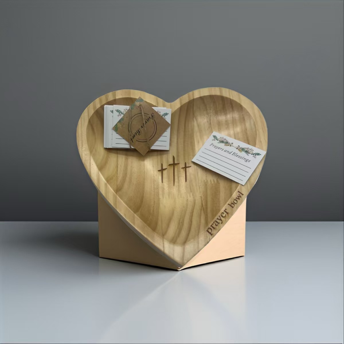 Handcrafted Heart Shaped Wooden Prayer Bowl with Prayer Cards and Raffia Natural Wood Grain Spiritual Gift for Home — image 3