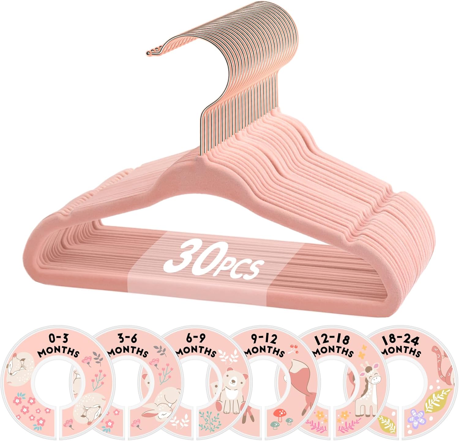 Baby Hangers, 11 Inch Velvet Kids Hangers with 6 Pcs Clothes Size Dividers, Infant Toddler Nursery Closet Organization, Non Slip, Pink, 30 Pcs