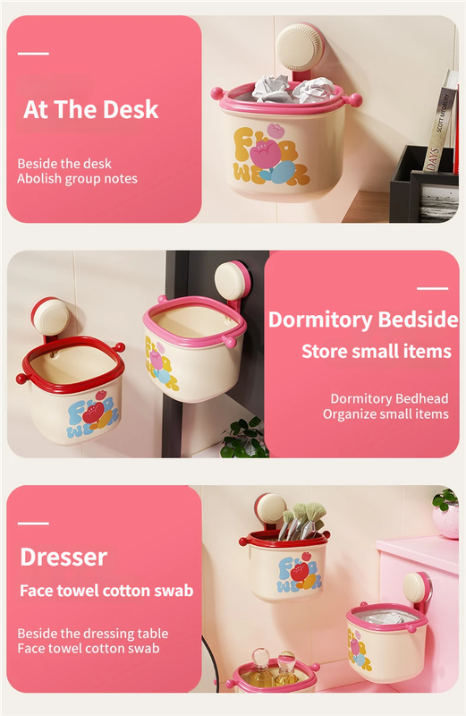 2-Pack Cream Red & Cream Powder Cute Suction Cup Wall-Mounted Trash Bin with Bag Press Ring and Wide Opening - Multifunctional Organizer & Waste Basket for โ image 4