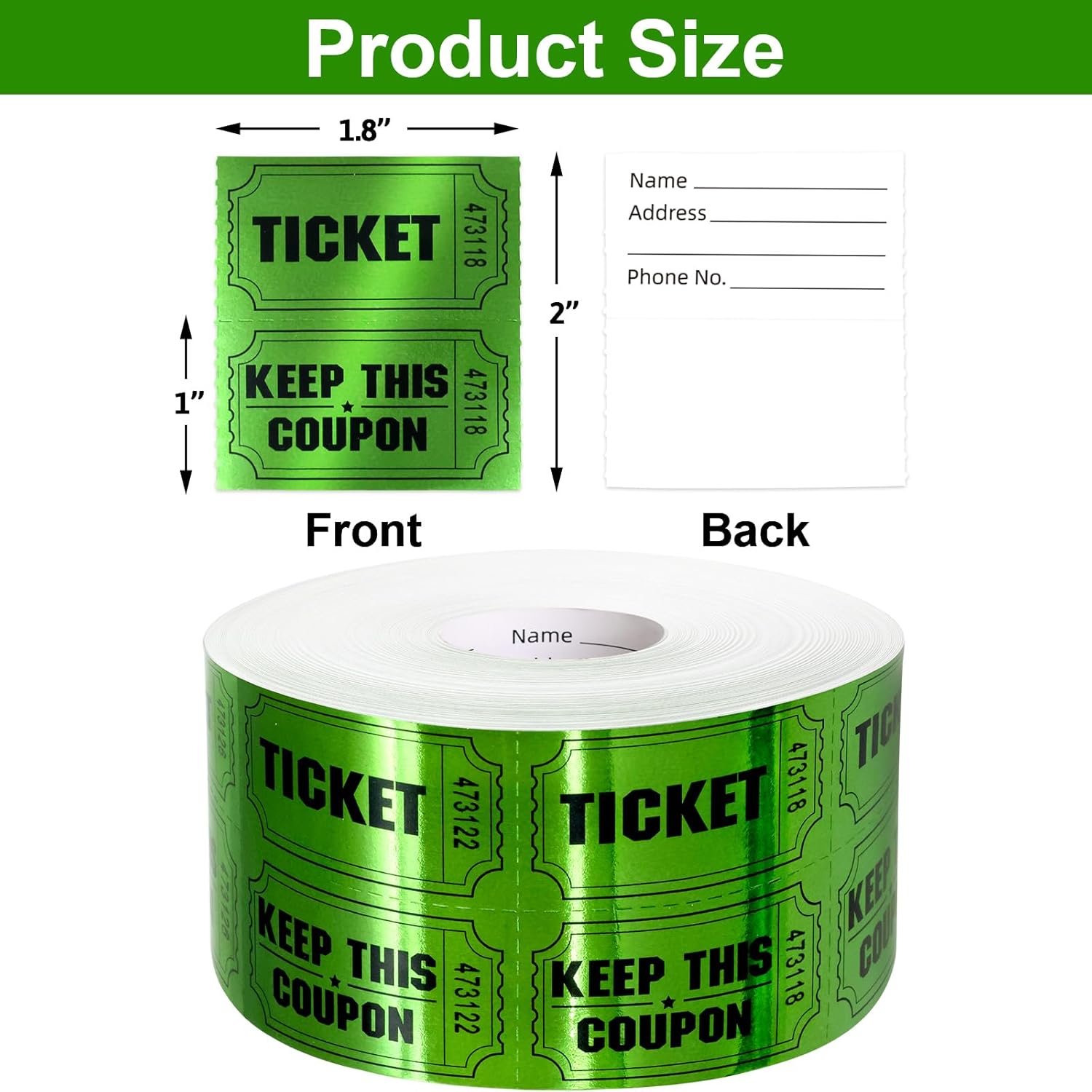 ceiba tree 1000 Raffle Tickets Double Roll Metallic Green Foil Ticket for Events Carnivals Entry Class Reward Prizes Party Supplies โ image 2