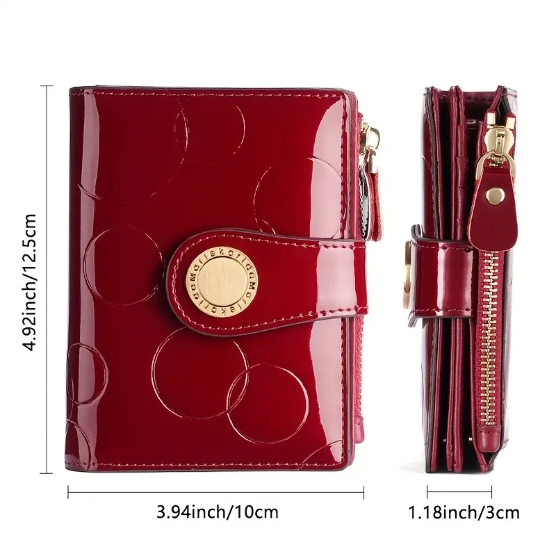 【Patent Leather Short Wallet】Cow split leather with circle embossing, RFID blocking, 18 card slots + 2 bill compartments + zippered coin pocket, large capacity & multi-functional. *wine red