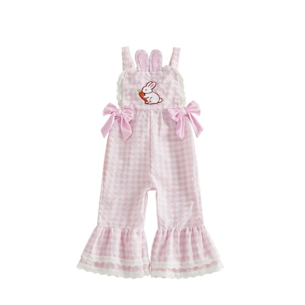 Toddler Baby Girl Easter Outfit Overalls - Easter Eggs Bunny Embroidery Romper Flare Pants Sleeveless Bell-Bottom Jumpsuit (Pink)