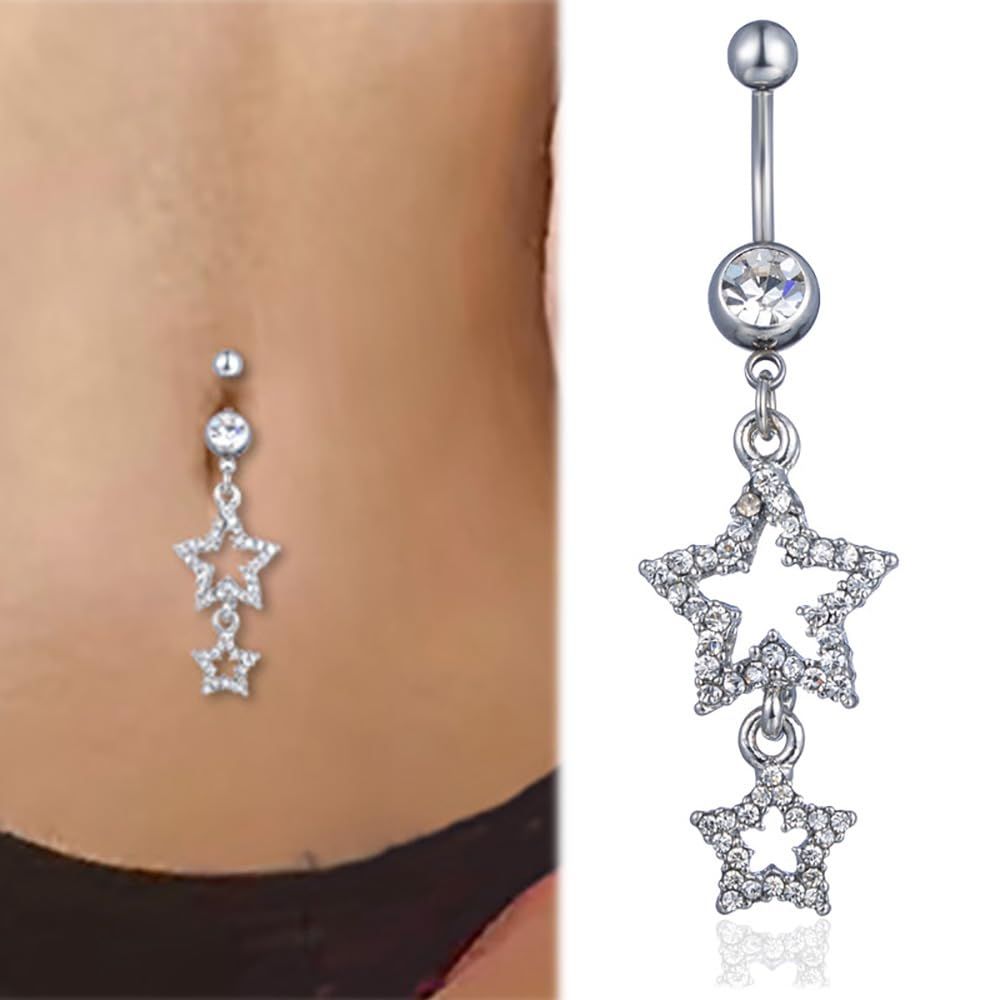 Sparkle Star Dangle Belly Button Rings for Women Surgical Steel Belly Navel Piercing Barbell Dangling Body Piercing Jewelry — image 2