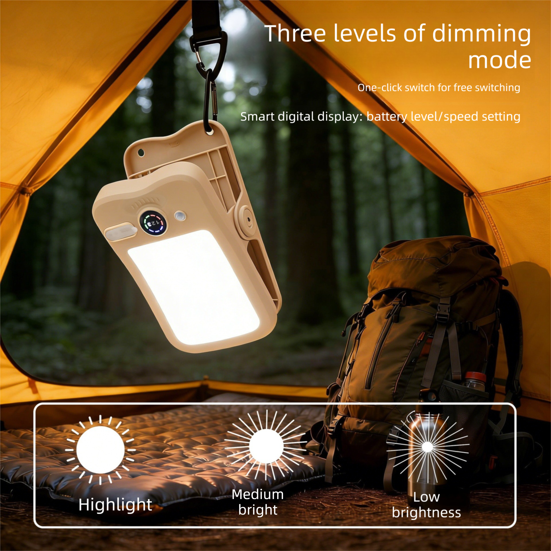 Solar Camping Lantern with Clip Beige- 2000mAh USB and Solar Rechargeable, Waterproof Portable Tent Light with Digital Display for Outdoor Hiking โ image 5