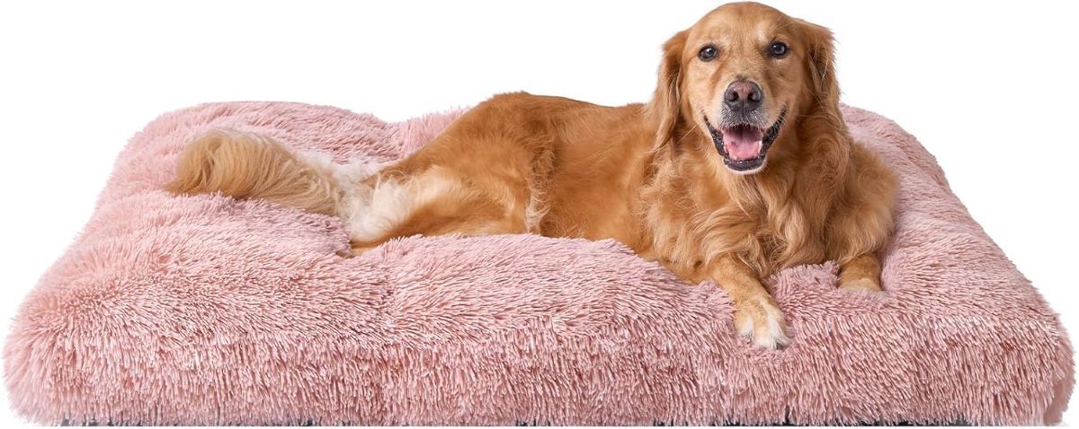 Fluffy Dog Crate Bed for Extra Large Dogs, Plush Faux Fur Pad, Calming Anti Anxiety XL Bed for Crate, Washable Soft Warm Dog Mat with Non-Slip Bottom - Pink