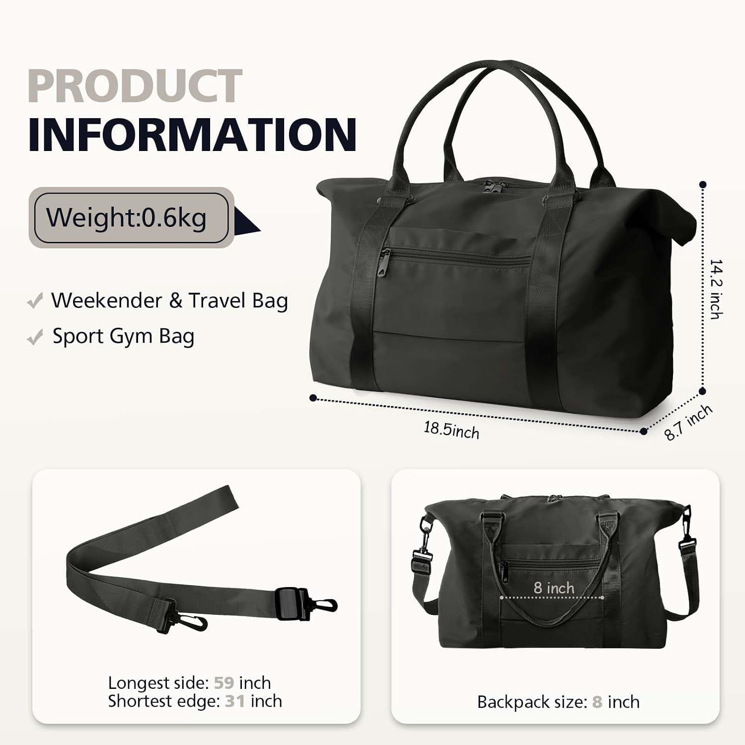 Travel Duffle Bag with Trolley Sleeve, Weekender Overnight and Gym Bag for Carry On Travel, Hospital Stays and Short Trips, Black — image 4