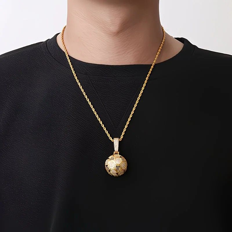 Football Hollow Pendant Necklace, Synthetic Zirconia Setting, Hip Hop Sporty Style, Trendy and Versatile.(golden) โ image 4