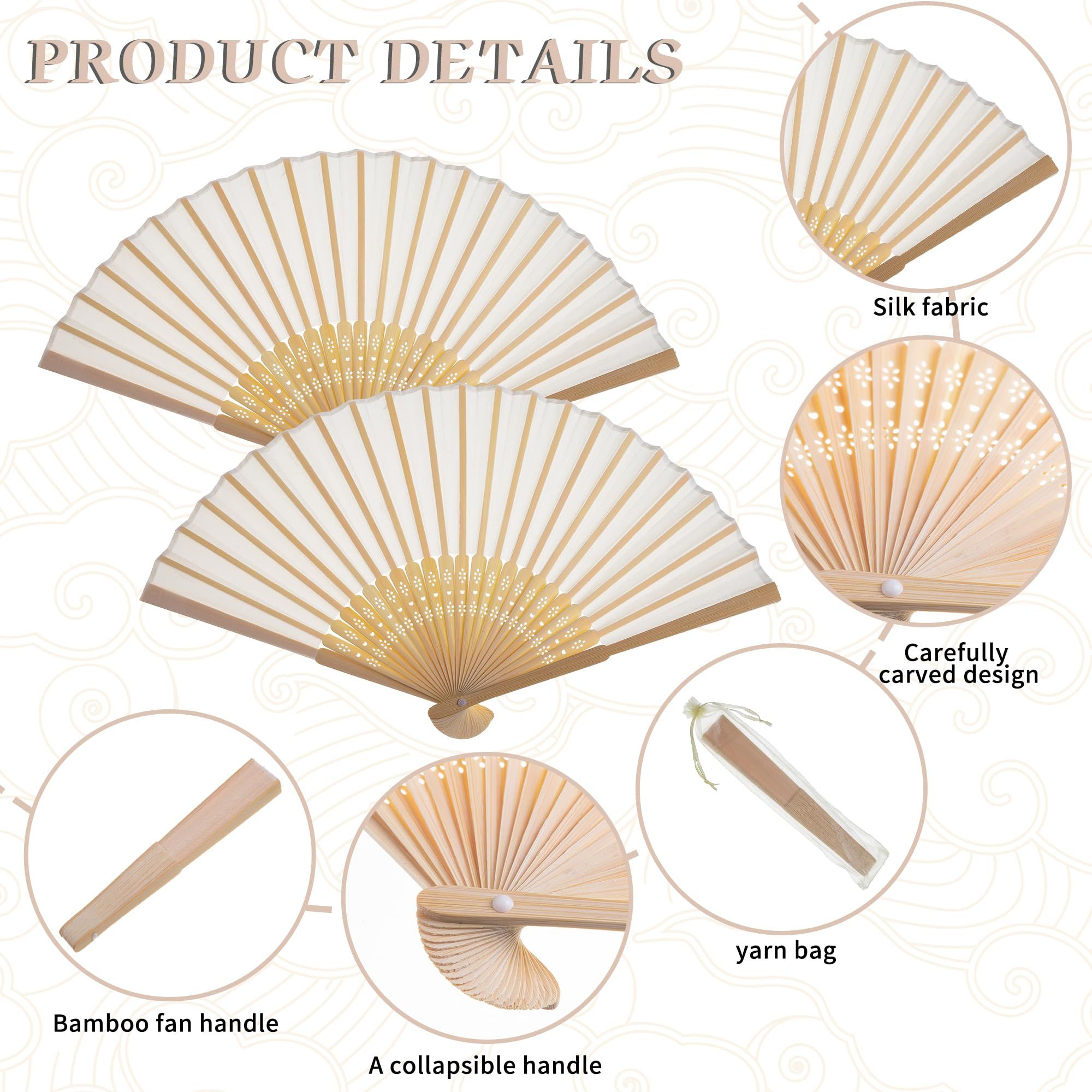 5pcs Cream-Coloured Imitated Silk Fabric Bamboo Folded Hand Fan Bridal Dancing Props Church Wedding Gift Party Favors — image 4