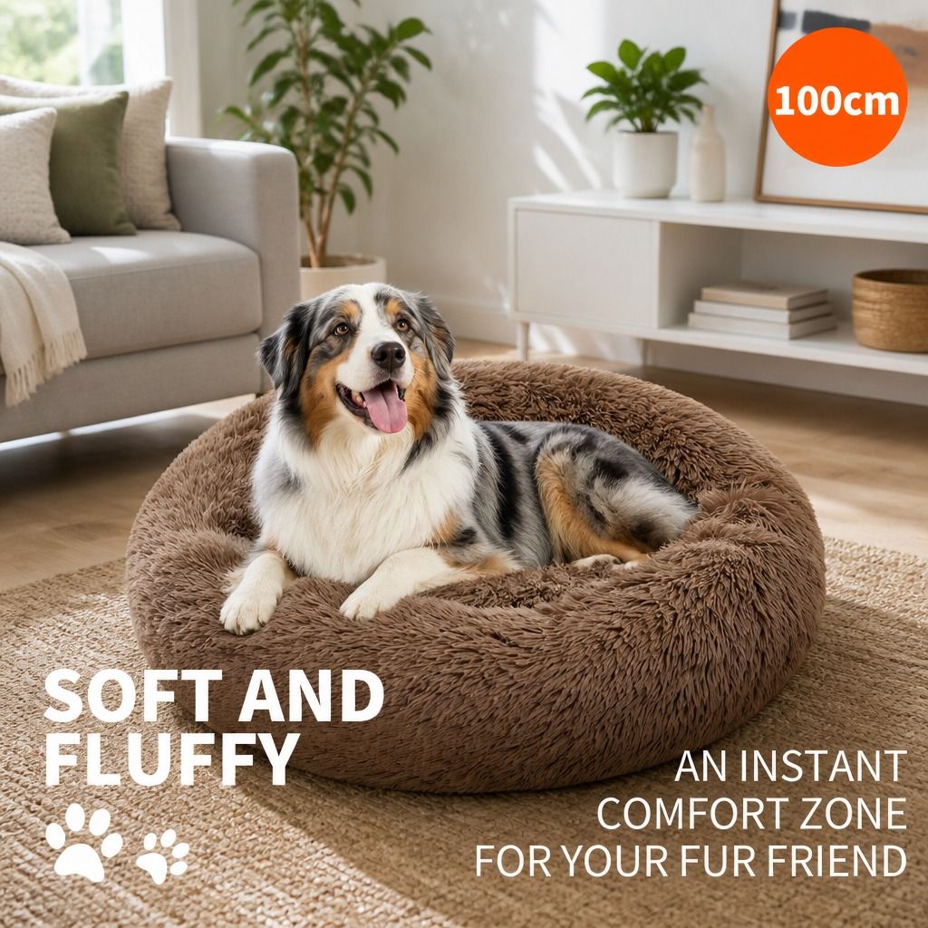 Pet Dog Bed Bedding Warm Plush Round Soft Dog Nest Light Coffee XL 100cm — image 2
