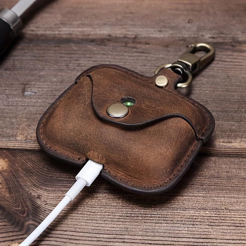 Personalized Genuine Leather Protective Case Cover Shockproof with Loss Prevention Clip for Wireless Charging Case(Coffee) — image 3