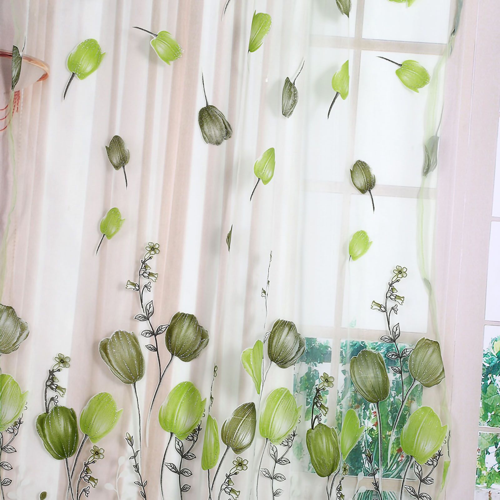 100*200cm Tulips Printing Tulle Curtains Sheer Drape Balcony Window Decoration Green — image 3
