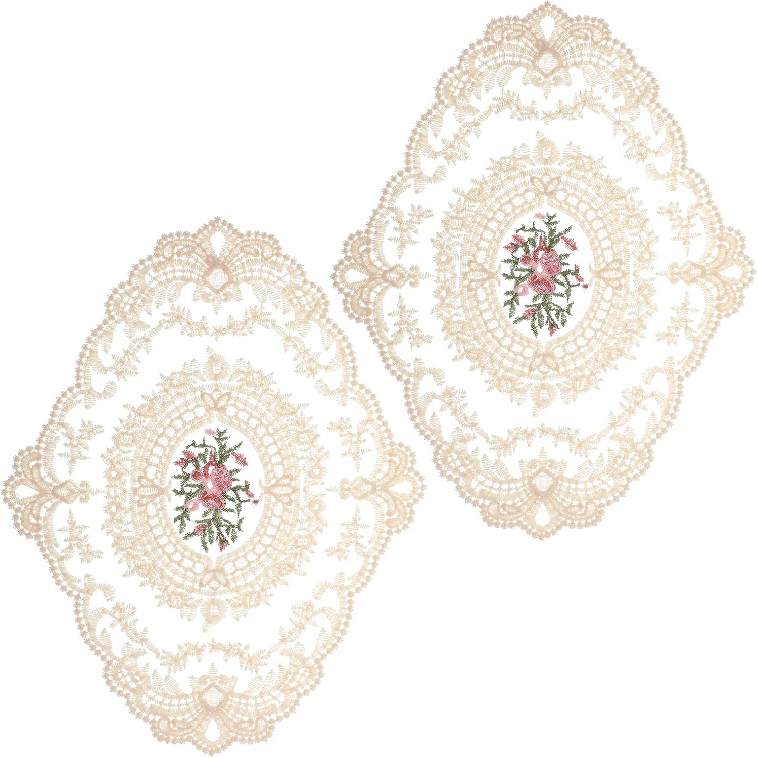 2PCS Lace Doilies for Tables, Lace Placemats Doilies for Tables Beige Embroidered Cup Mats Table Mats, Elegant and Retro for Desktop Decoration, Heat