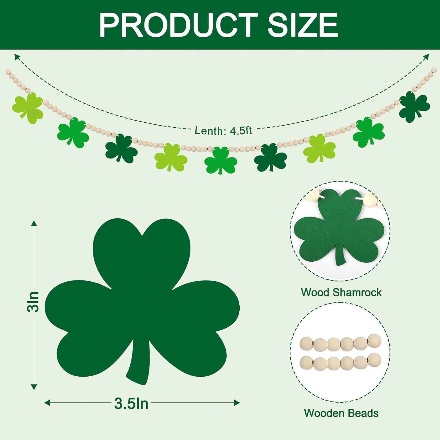 4.5 FT St.Patrickβs Day Shamrock Garland for Decorations, Wood Green Garland with Beads NO DIY, Clover St Patricks Banner Garlands for Mantle, Fireplace, Party
