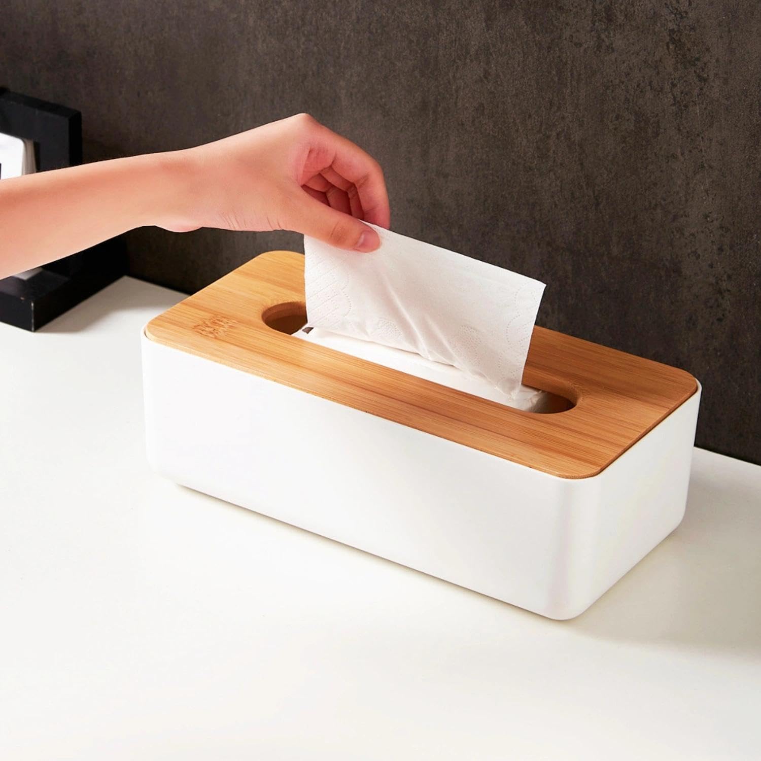 Tissue Box Holder with Bamboo Lid for Bathrooms, Bedrooms and Living Rooms, Refillable Rectangular Organiser for Paper Tissues, Black โ image 3