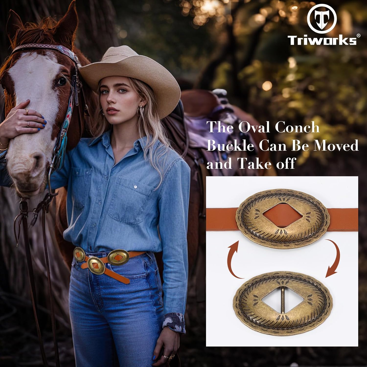 Western Belts for Woman Oval Concho Belt Cowgirl Belt Boho Disc Belt Buckle for Dress Jeans Country Concert Outfit β image 5