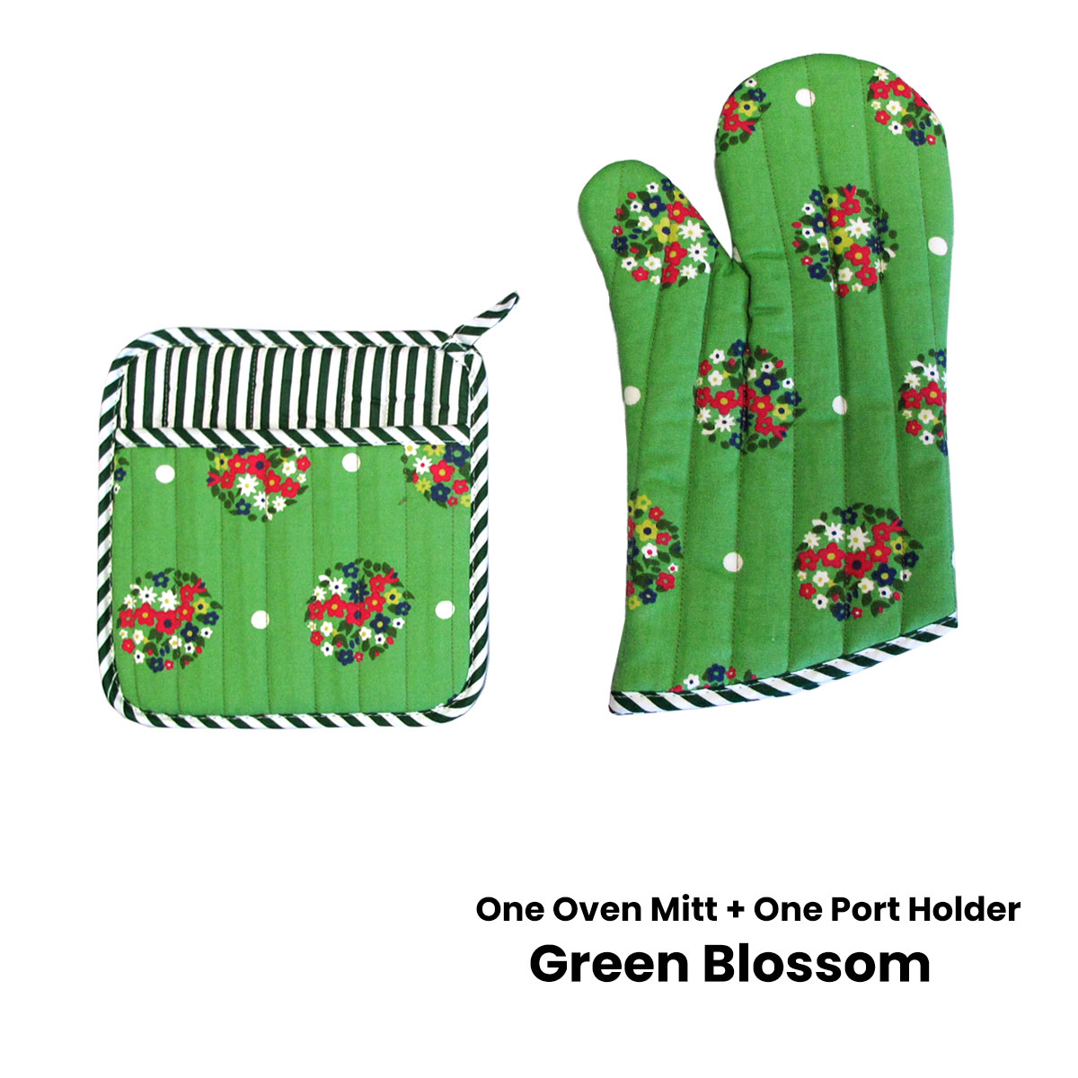 Set of 100% Cotton Printed Oven Mitt + Pot Holder Green Blossom โ image 2