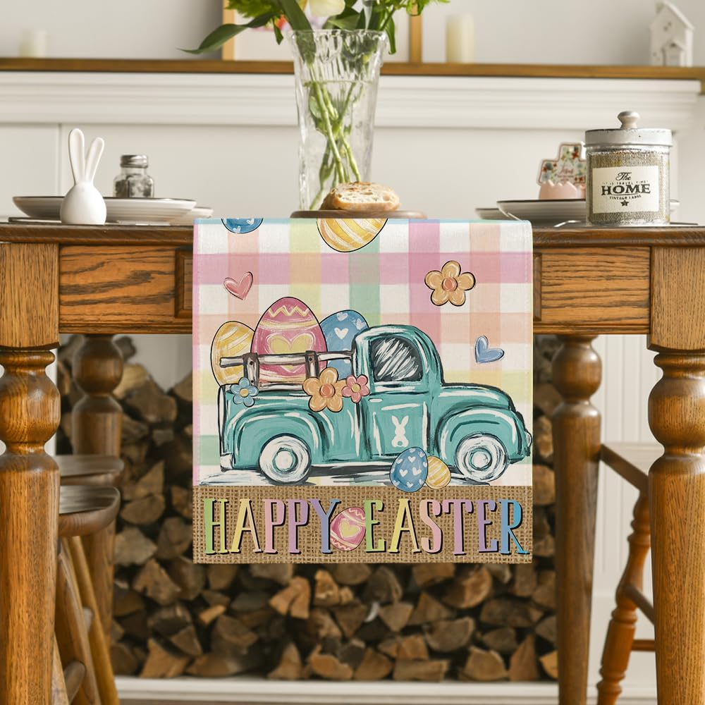 Pink Yellow Buffalo Plaid Carrot Egg Truck Daisy Happy Easter Table Runner, Seasonal Kitchen Dining Table Decoration for Indoor Home Party 13 × 72 Inch — image 2