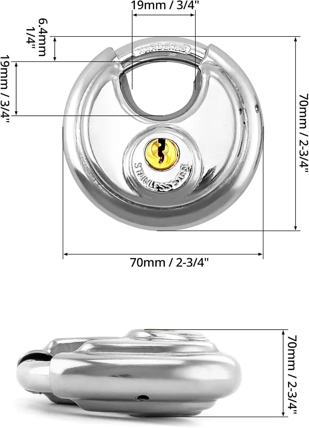 Keyed Alike Disc Padlock 4 Pack, Stainless Steel Discus Lock with 3/8 Inch Shackle for Garages, Fences, Sheds, Storage Units, 2-3/4 In โ image 6