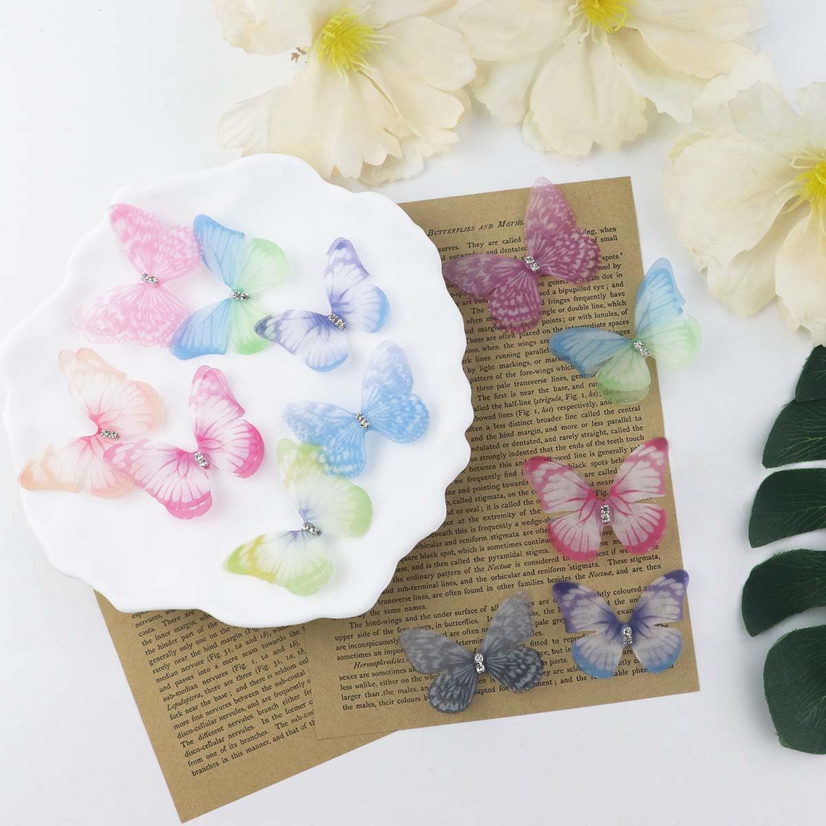 30 Pieces Colorful Organza 3D Lace Wings Wall Decoration for Crafts, Wedding, Party, and Home Decor (10 Styles, 2 Layers Appliques) — image 6