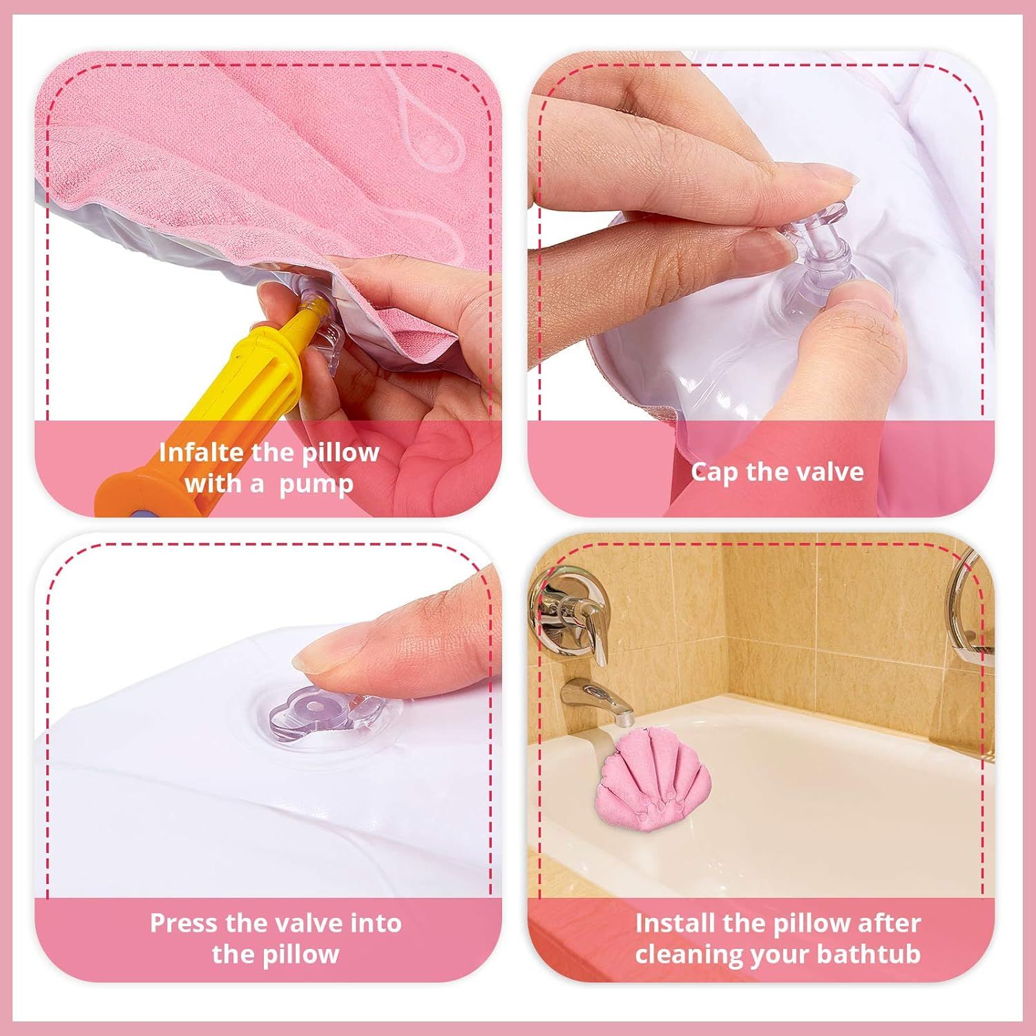 2 Pieces Inlatable Bath Pillow with Suction Cups, Terry Cloth Covered Bath Pillow Shell Shape Bathtub Spa Pillow Comortable Sot Bath Cushion, Neck Support or — image 6
