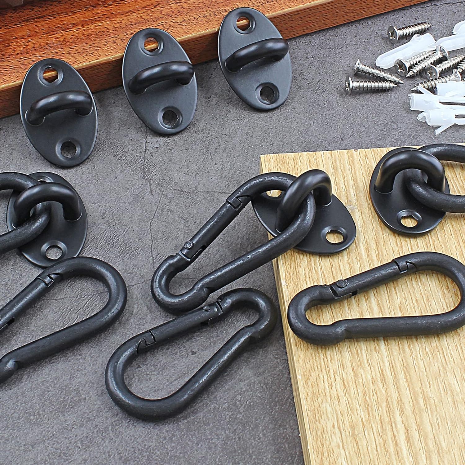 Biaungdo 6 Pcs Stainless Steel Ceiling Hooks, Black 1.54" x 1.06" Pad Eyes Plate Marine Hardware Ceiling Hooks with Screws & Expansion Tube — image 4