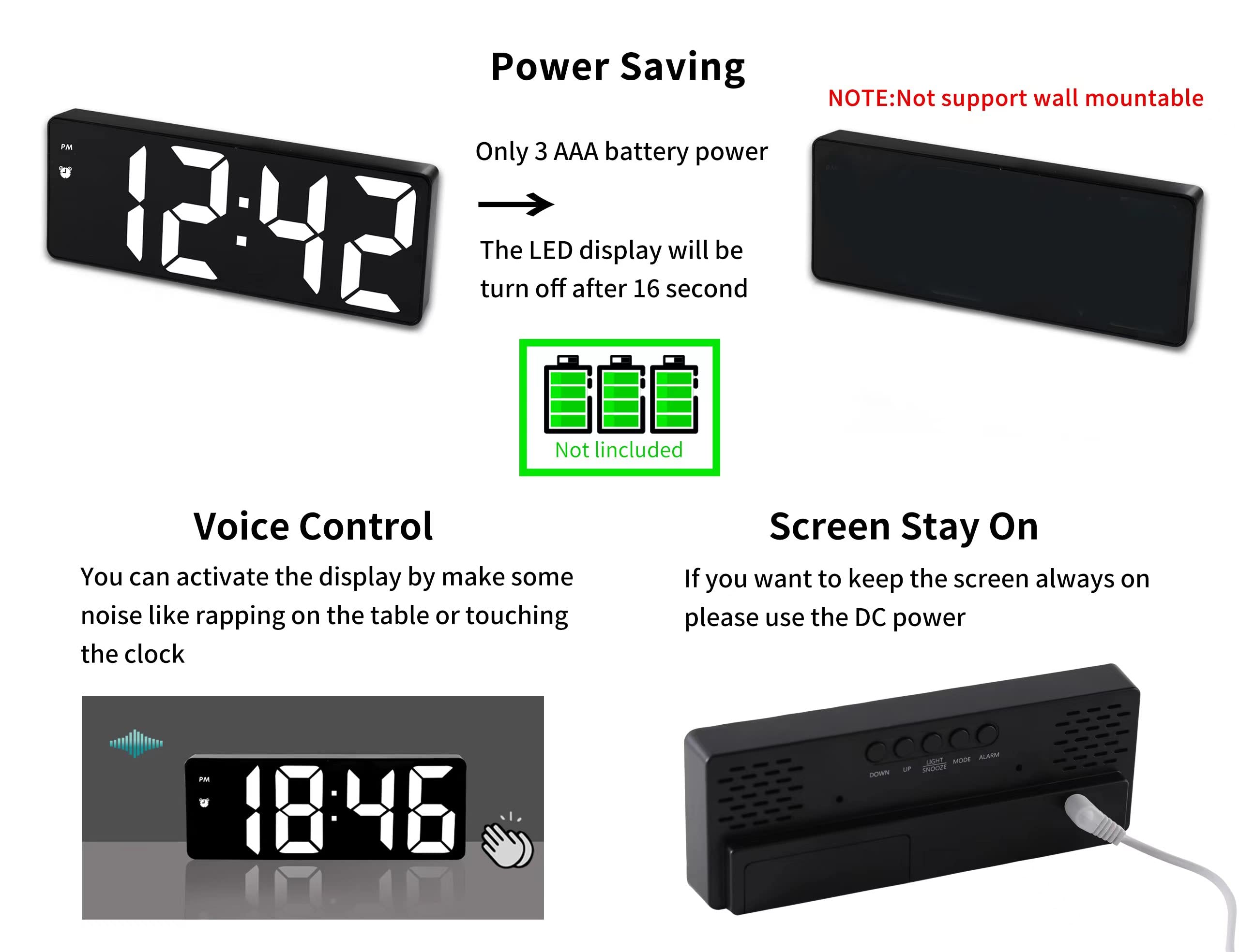 Digital LED Alarm Clock with Voice Control, Adjustable Brightness, 12/24 Hour Display and Type-C Power for Bedroom, Black — image 2