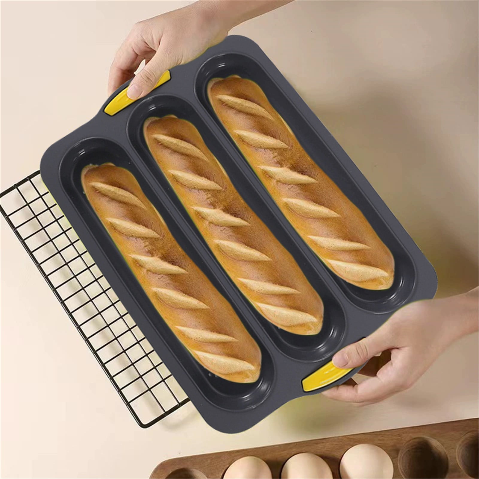 3-Slot French Bread Pan - Non Stick Silicone Baguette Mold for Hoagie, Sub Roll & Hot Dog Buns - Oven Safe Baking Tray with Vent Holes (Beige) Clearance Green — image 6