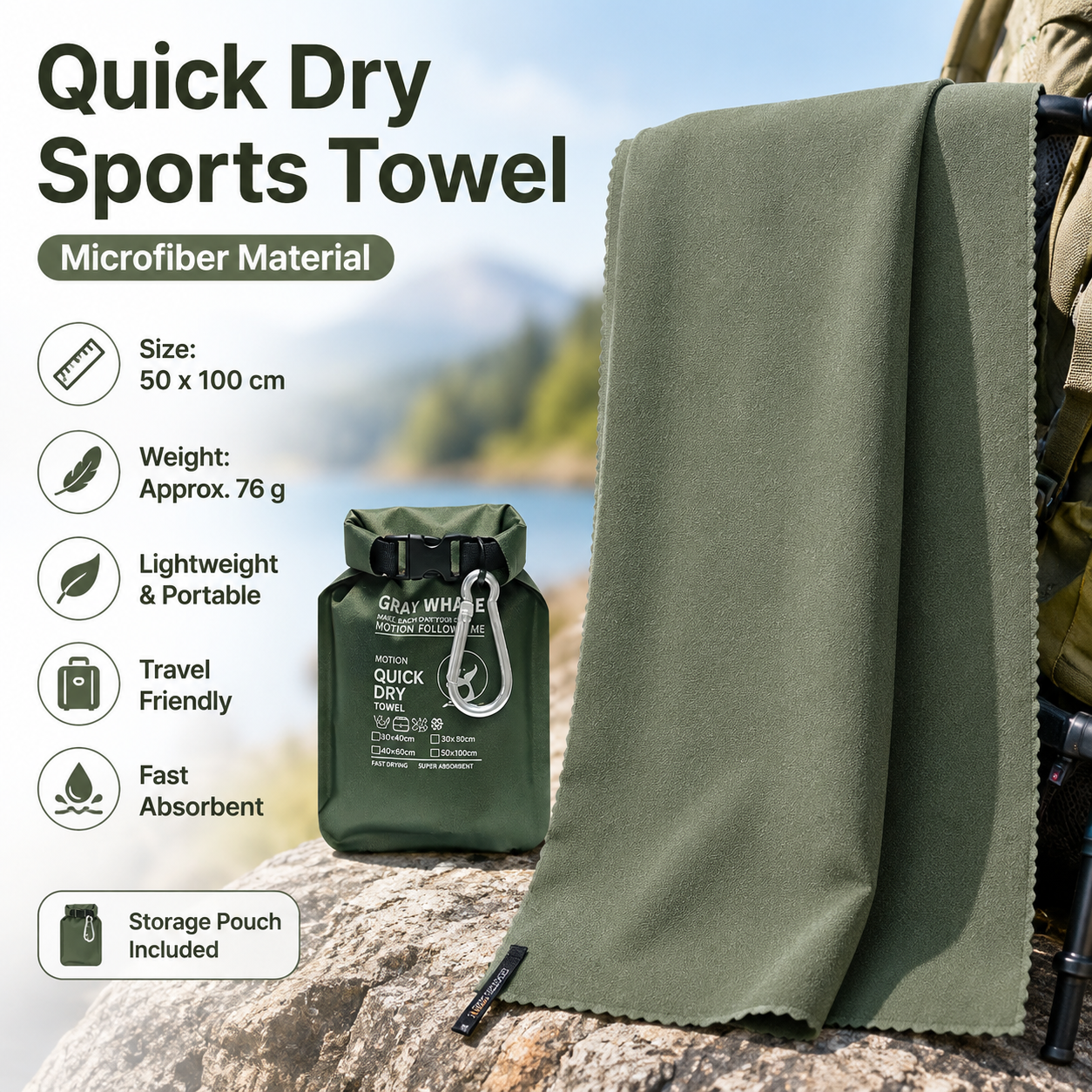 Green 50x100cm Portable Quick Dry Sports Towel - Ultra-Light Microfiber Cooling Towel with Waterproof Pouch, Fast Drying Sweat Absorbent Travel Gym Towel for