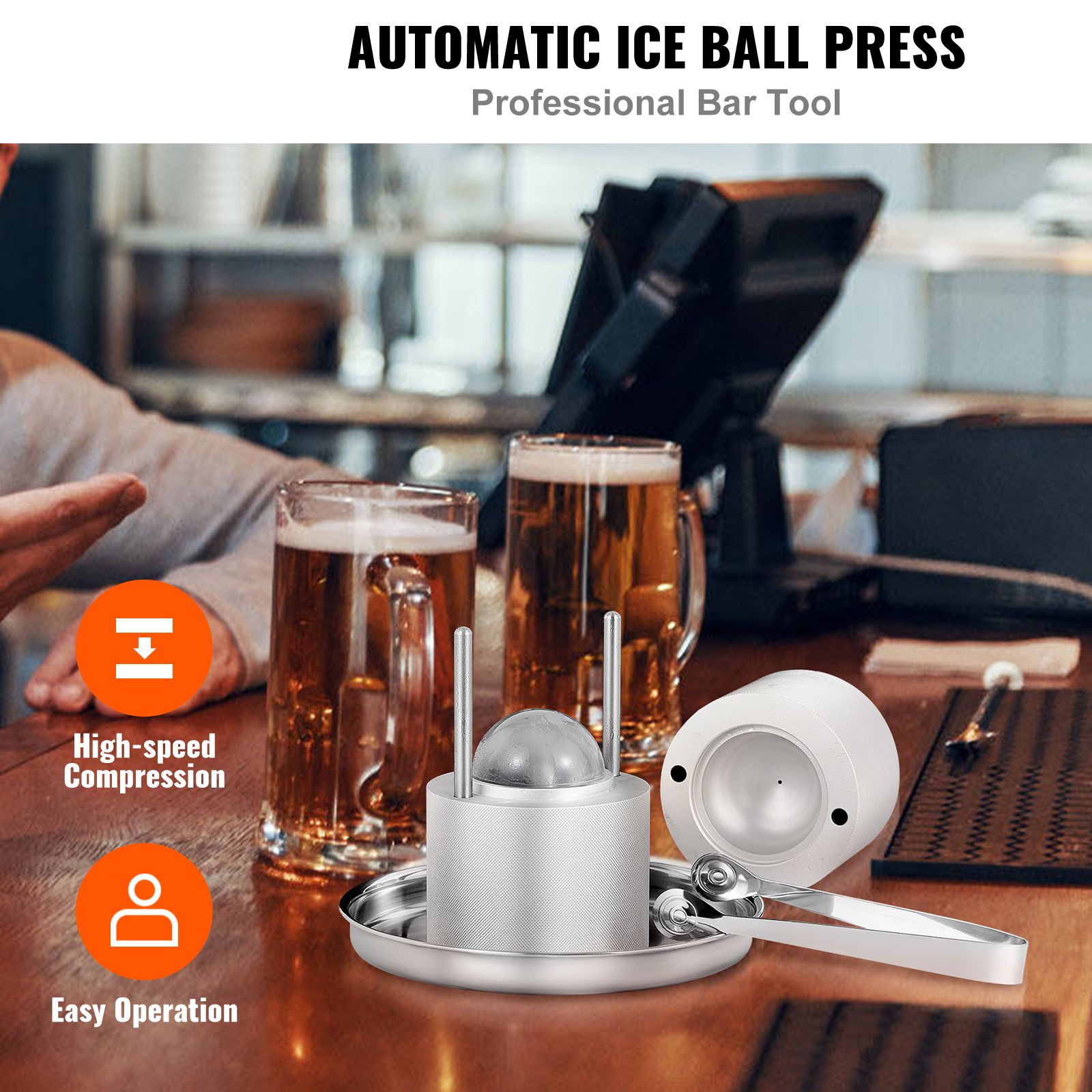 Ice Ball Press Kit, Aircraft Al Alloy Ice Press with Ice Block Mold, Large Mat, Tong, Drip Tray, One Glass, Round Ice Ball Maker 2.4"/60 mm Ice Sphere, for โ image 2